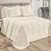 Kit Cobre Leito Colcha Atena Queen 5 Peças 100% Algodão 150 Fios Bordado Floral - Marfim - 1