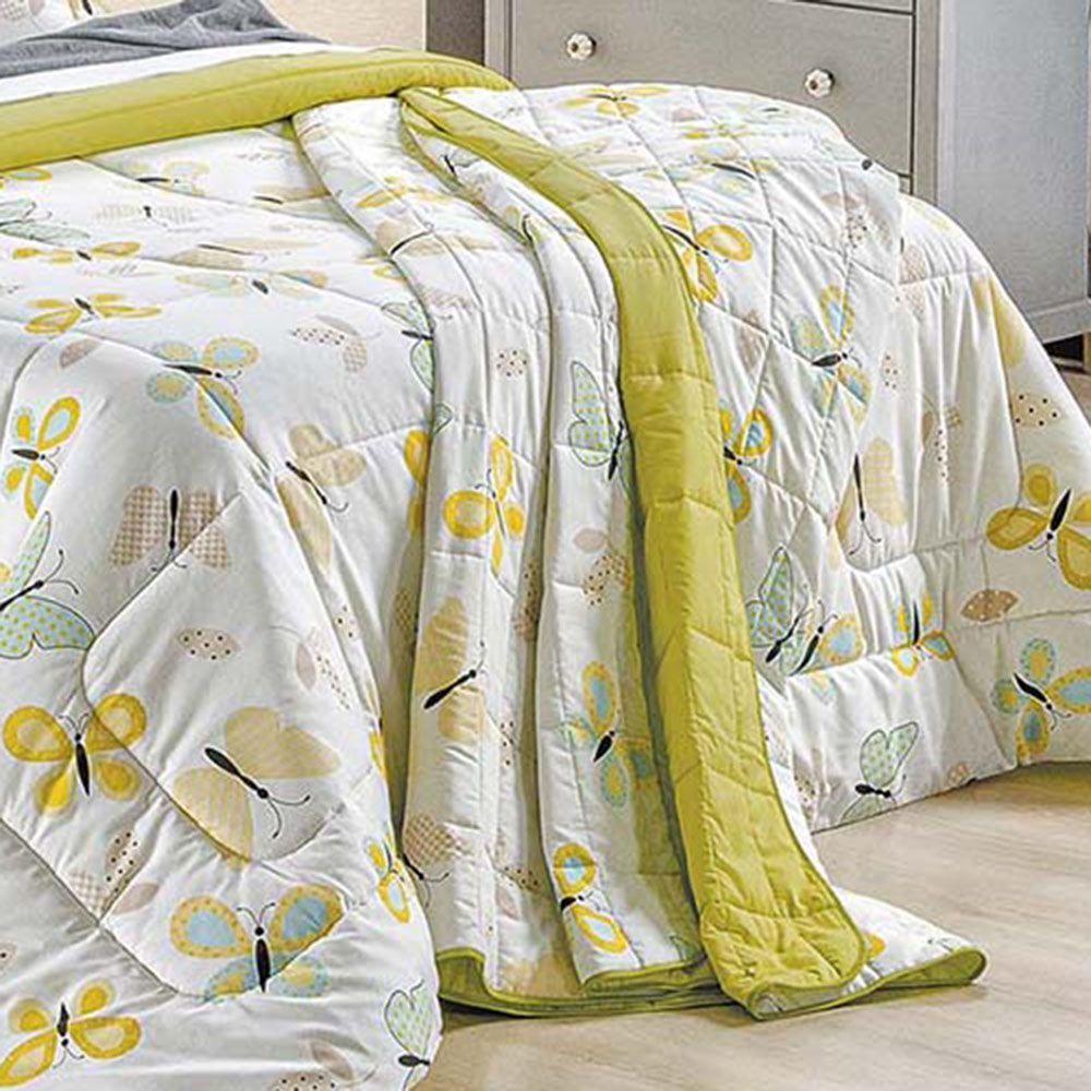 Kit Cobre Leito Colcha Beatrice Casal 3 Peças Estampado Percal 150 Fios 100% Algodão - Borboleta Verde - 2