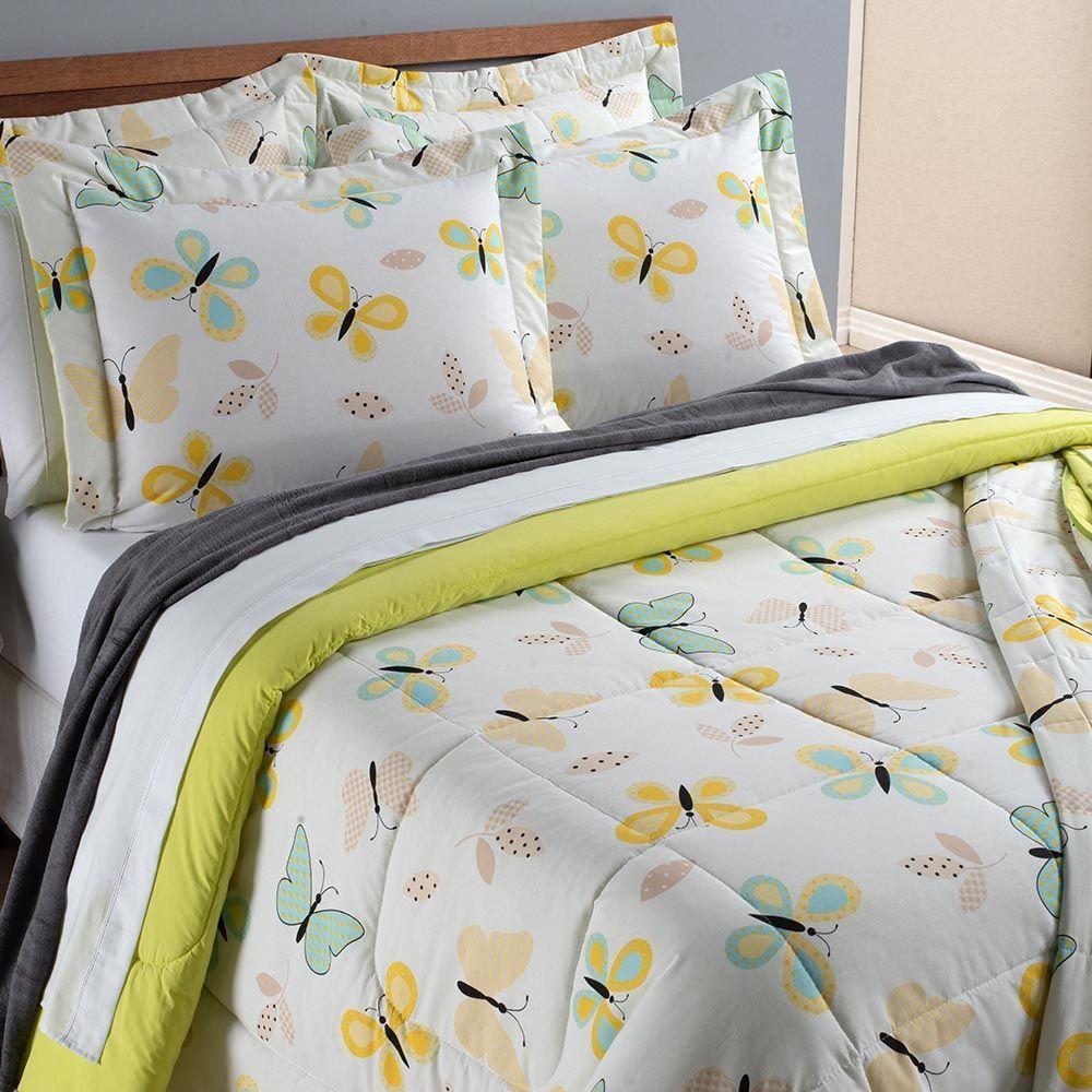 Kit Cobre Leito Colcha Beatrice Casal 3 Peças Estampado Percal 150 Fios 100% Algodão - Borboleta Verde - 3