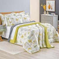 Kit Cobre Leito Colcha Beatrice Casal 3 Peças Estampado Percal 150 Fios 100% Algodão - Borboleta Verde - 1