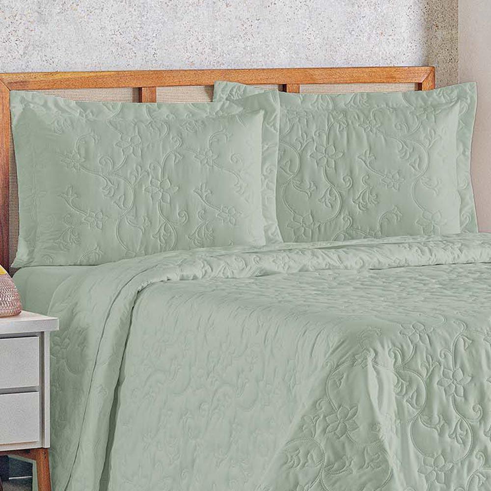 Kit Cobre Leito Colcha Celeste Queen 3 Peças Matelado Floral 180 Fios - Verde Malva - 2