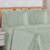 Kit Cobre Leito Colcha Celeste Queen 3 Peças Matelado Floral 180 Fios - Verde Malva - 2