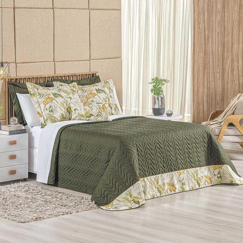 Kit Cobre Leito Colcha Forest Queen 3 Peças Percal 150 Fios 100% Algodão - Verde Musgo Floral - 1