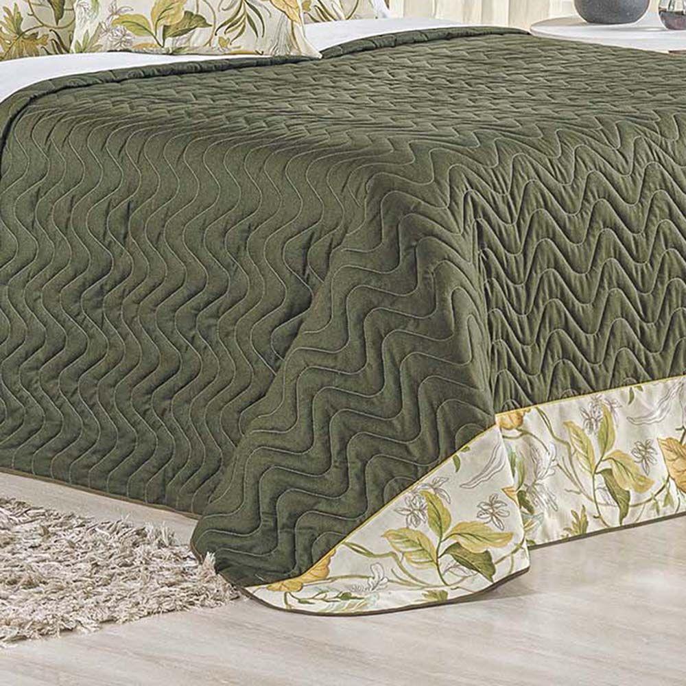 Kit Cobre Leito Colcha Forest Queen 3 Peças Percal 150 Fios 100% Algodão - Verde Musgo Floral - 3