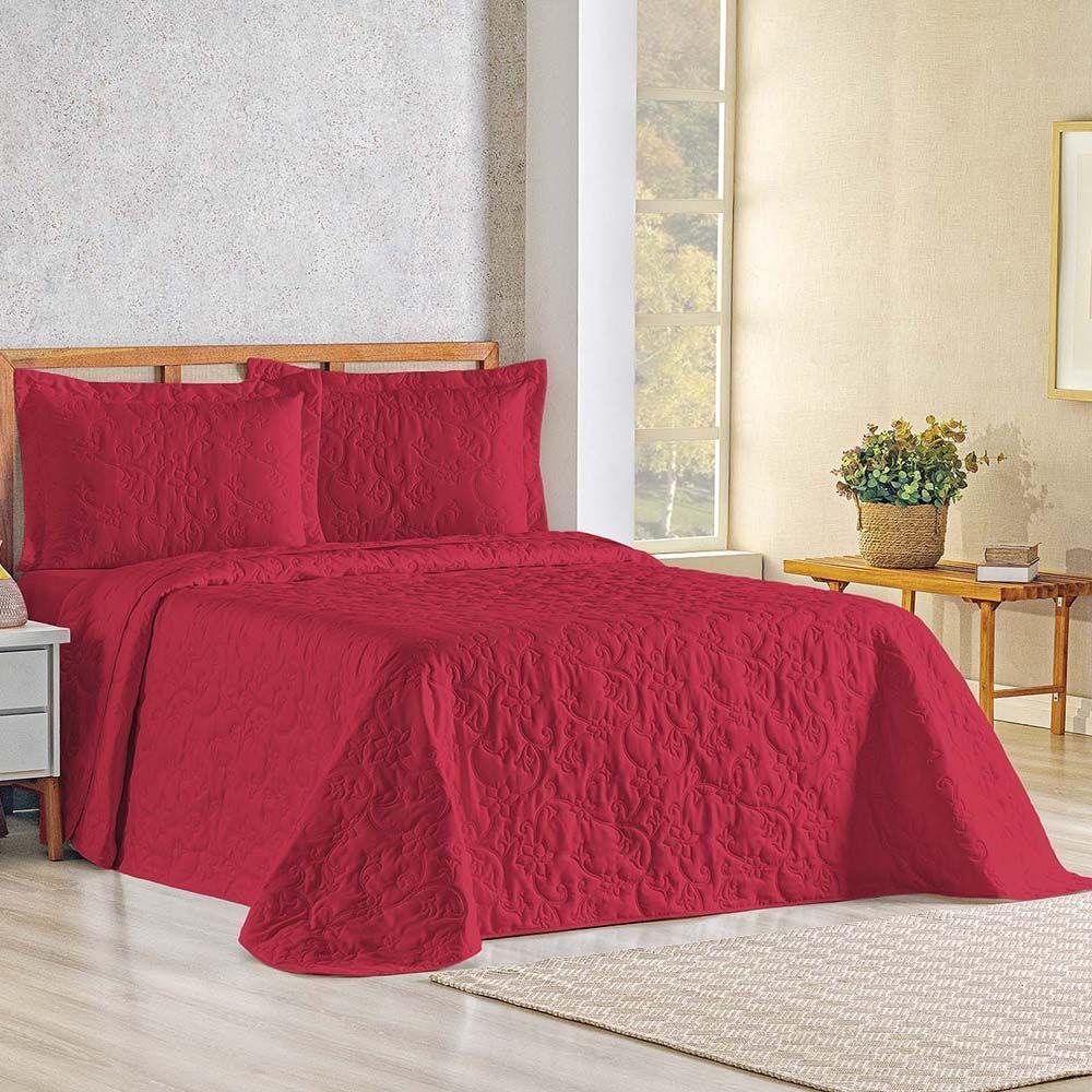 Kit Cobre Leito Colcha Celeste Queen 3 Peças Matelado Floral 180 Fios - Vermelho - 1