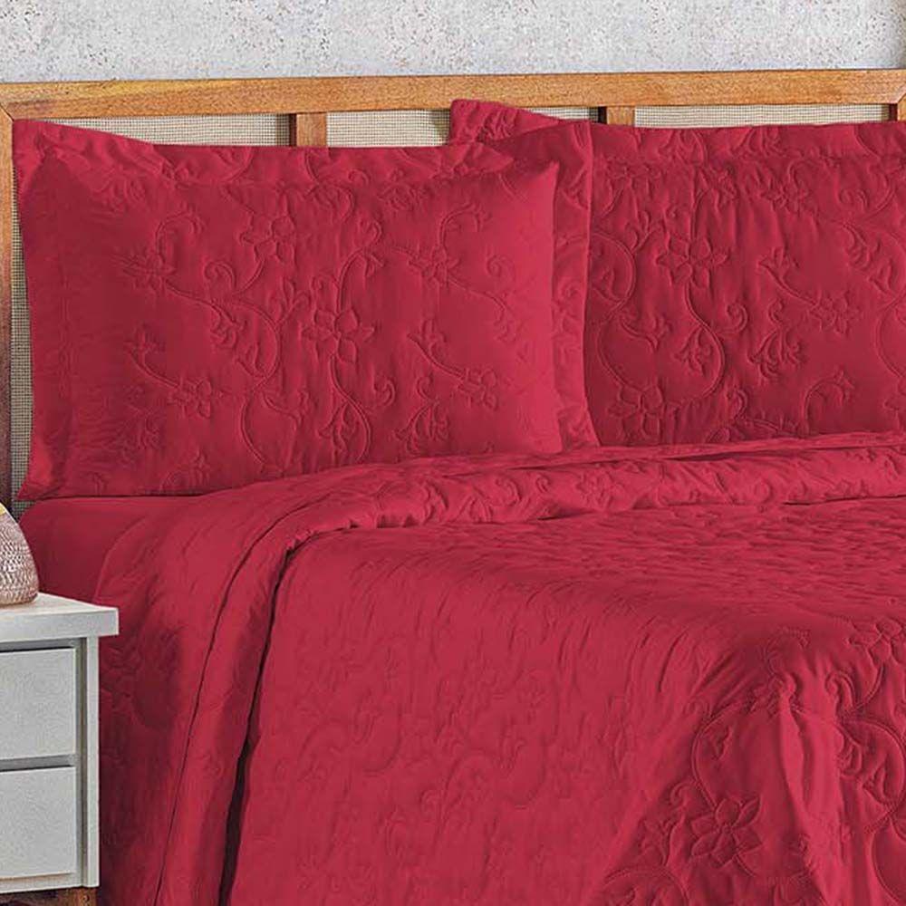 Kit Cobre Leito Colcha Celeste Queen 3 Peças Matelado Floral 180 Fios - Vermelho - 3