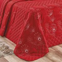 Kit Cobre Leito Colcha Atena Queen 5 Peças 100% Algodão 150 Fios Bordado Floral - Vermelho - 3