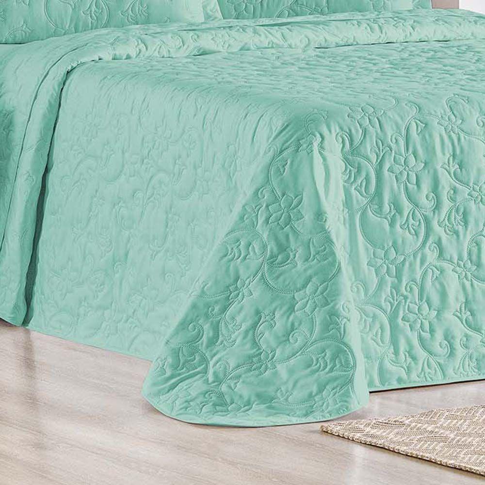 Kit Cobre Leito Colcha Celeste Queen 3 Peças Matelado Floral 180 Fios - Verde Tiffany - 3