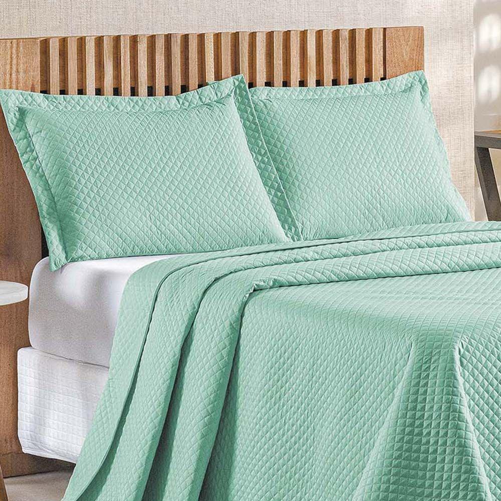 Kit Cobre Leito Colcha Ideale Queen 3 Peças Matelado Geométrico - Verde Tiffany - 100% Poliéster - 2