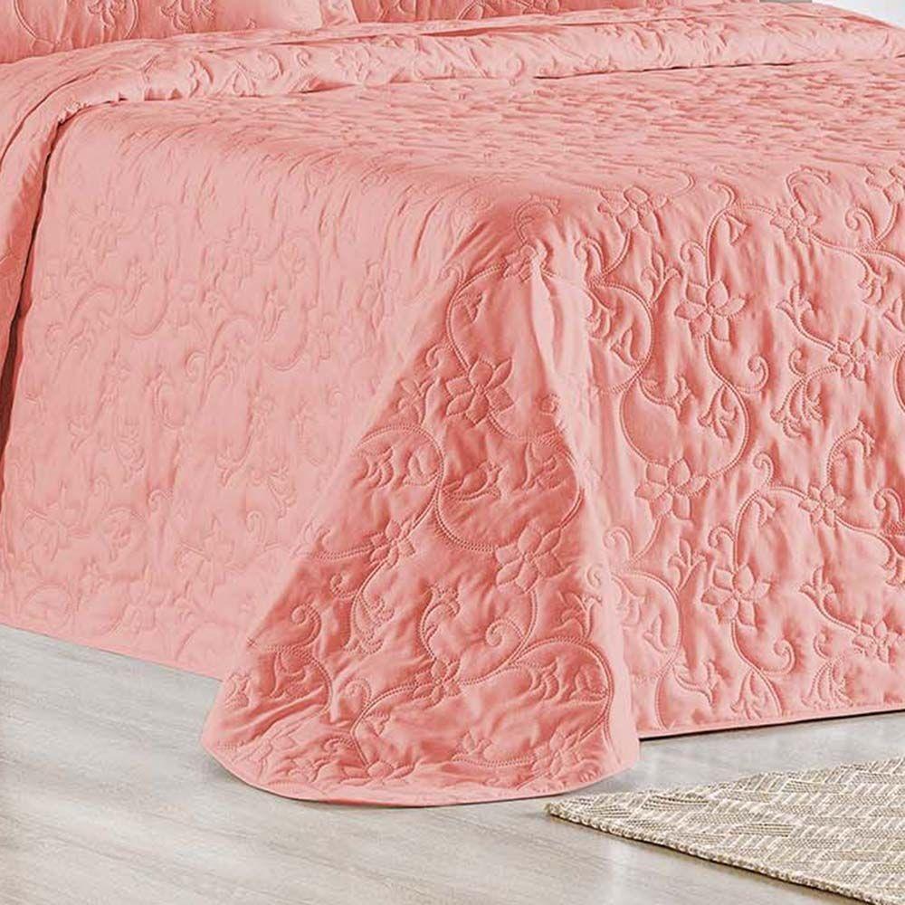 Kit Cobre Leito Colcha Celeste Queen 3 Peças Matelado Floral 180 Fios - Salmão - 3