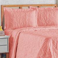 Kit Cobre Leito Colcha Celeste Queen 3 Peças Matelado Floral 180 Fios - Salmão - 2