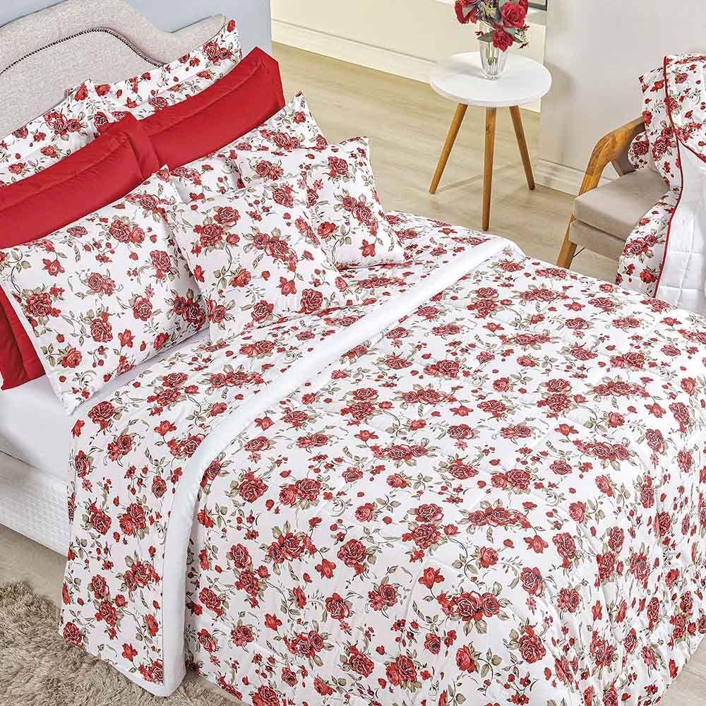 Kit Edredom Supreme Queen 5 Peças 100% Algodão 200 Fios Estampado - Rosas Vermelha - 1