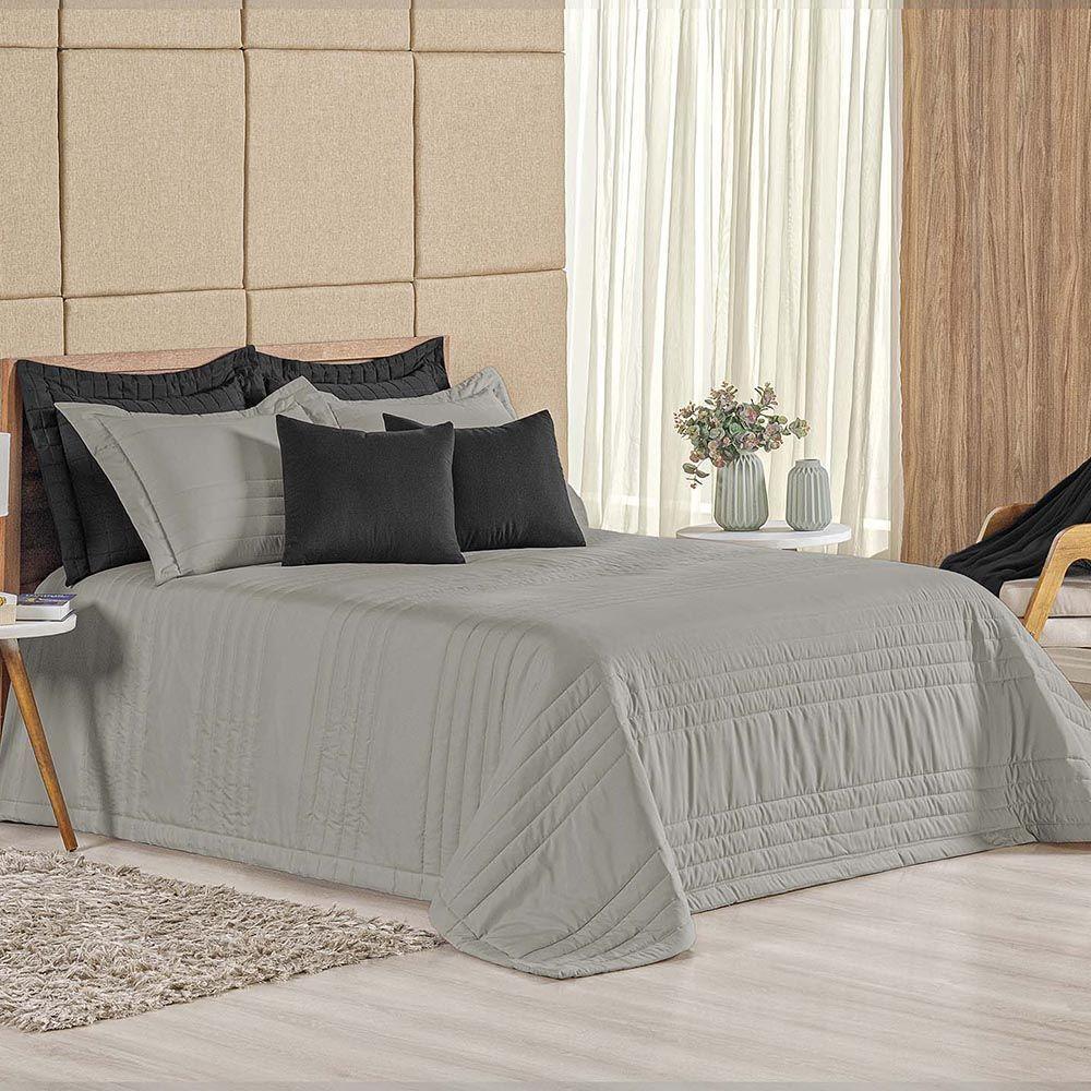 Kit Cobre Leito Colcha Dobby King 3 Peças Matelado 180 Fios - Cinza - 100% Poliéster - 1