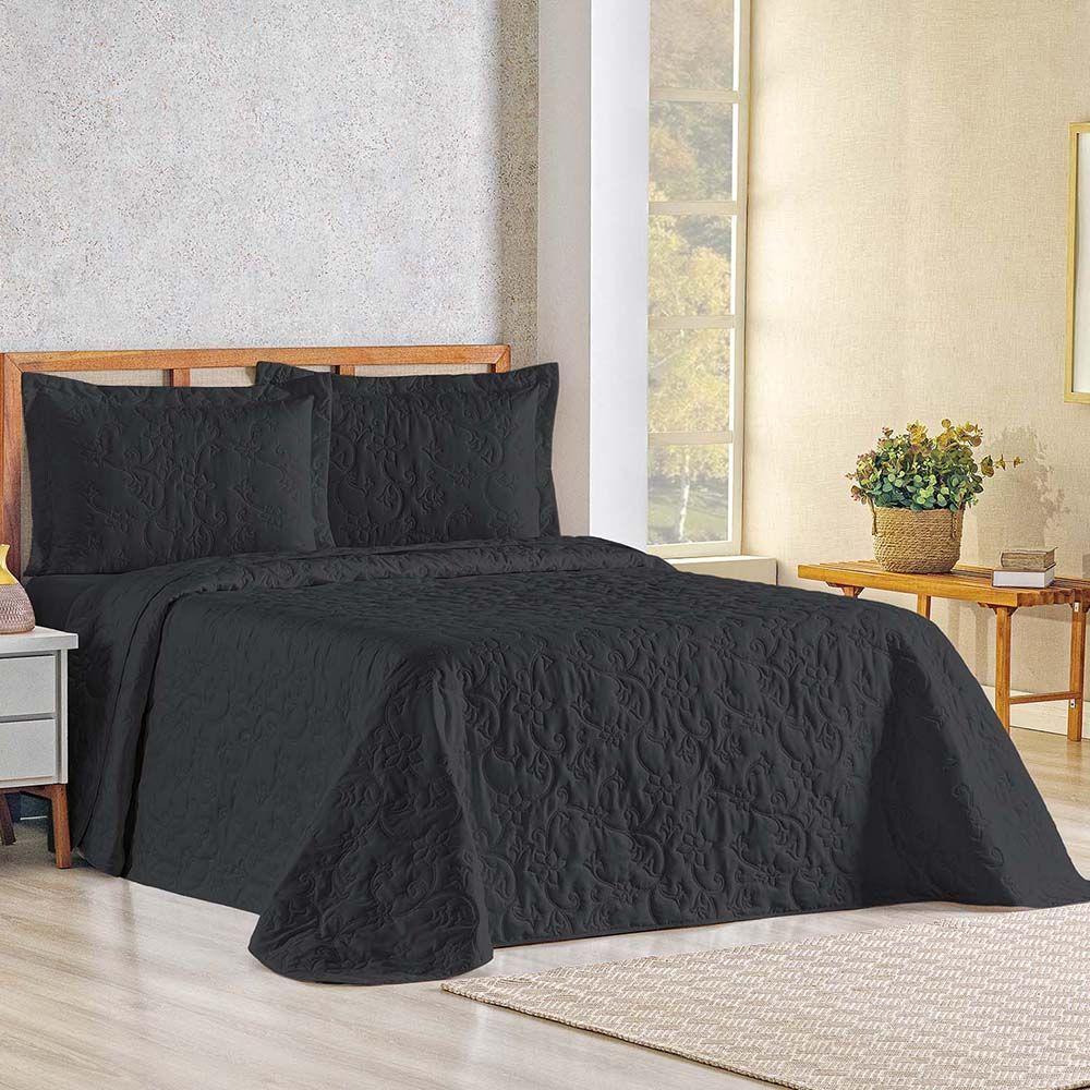 Kit Cobre Leito Colcha Celeste Queen 3 Peças Matelado Floral 180 Fios - Preto - 1