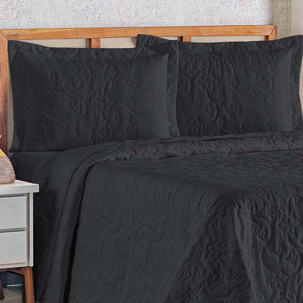 Kit Cobre Leito Colcha Celeste Queen 3 Peças Matelado Floral 180 Fios - Preto - 2