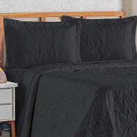 Kit Cobre Leito Colcha Celeste Queen 3 Peças Matelado Floral 180 Fios - Preto - 2