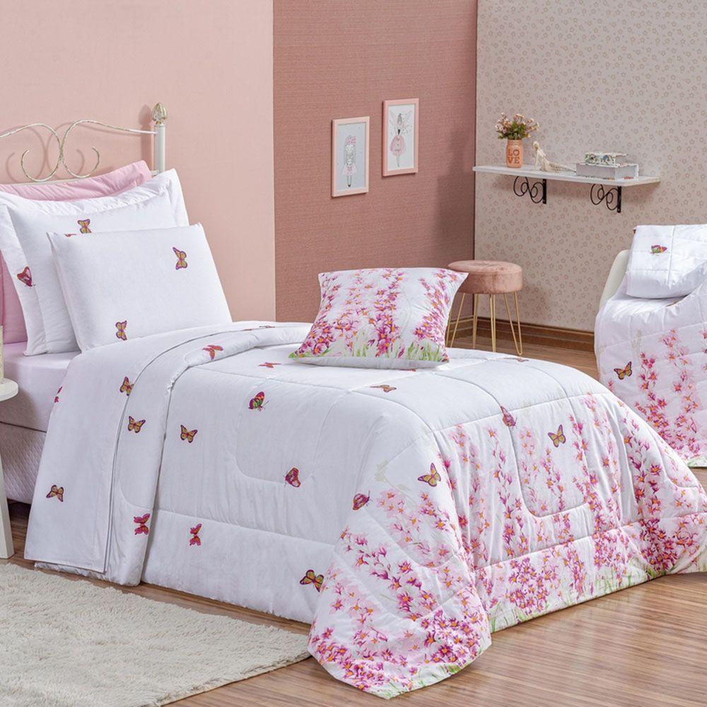 Kit Edredom Encanto Solteiro 3 Peças 100% Algodão Percal 200 Fios - Borboletas Floral - 1