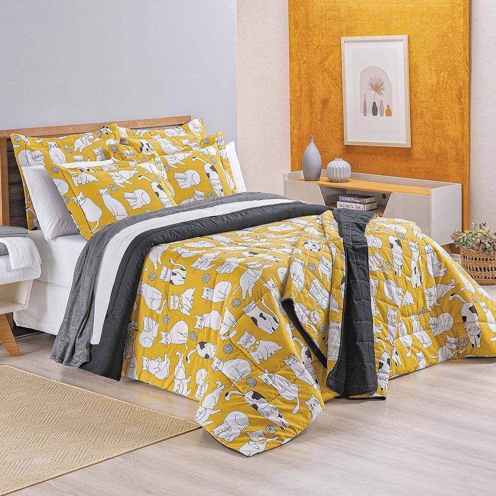 Kit Cobre Leito Colcha Gatos Queen 3 Peças Estampado Percal 200 Fios 100% Algodão - 1