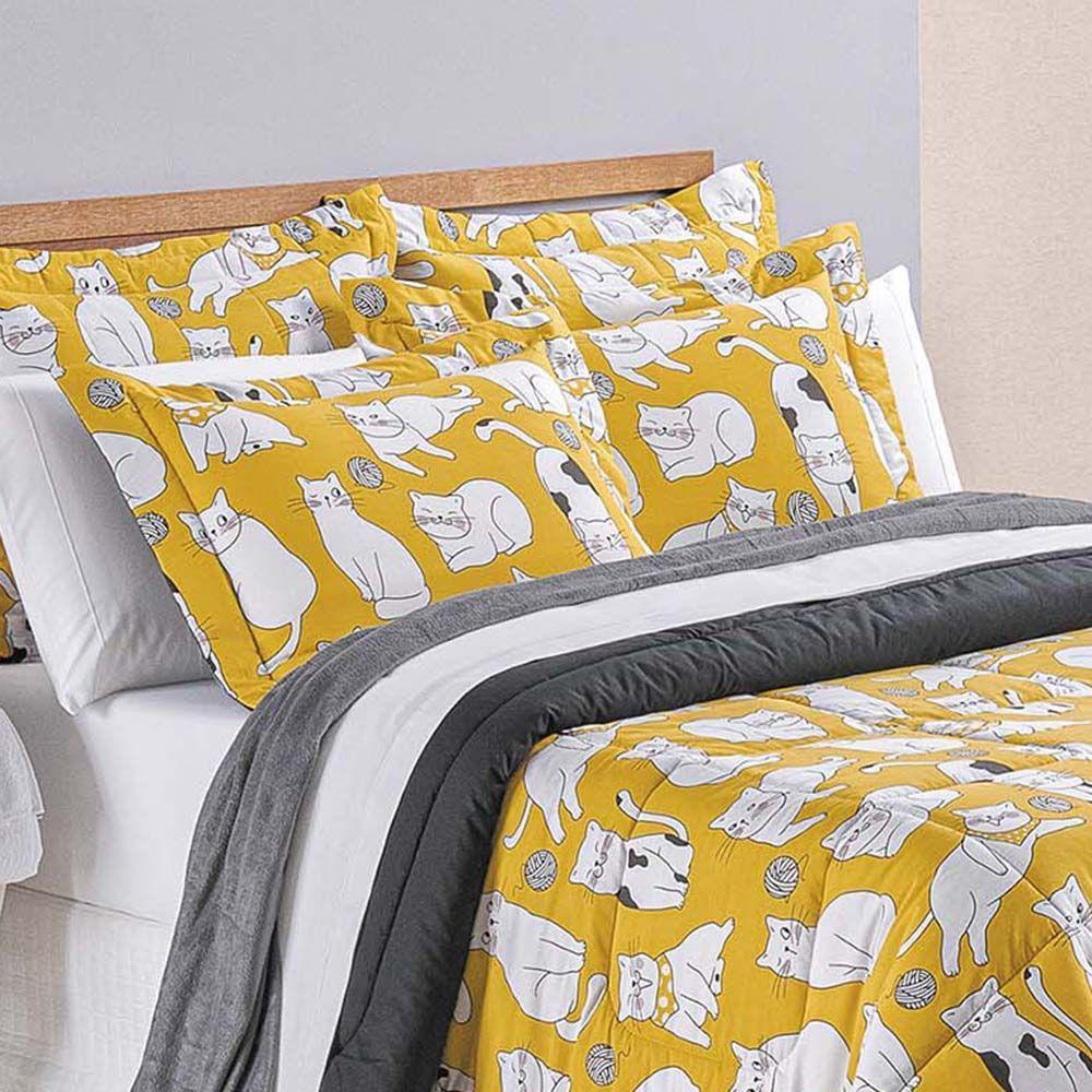 Kit Cobre Leito Colcha Gatos Queen 3 Peças Estampado Percal 200 Fios 100% Algodão - 3