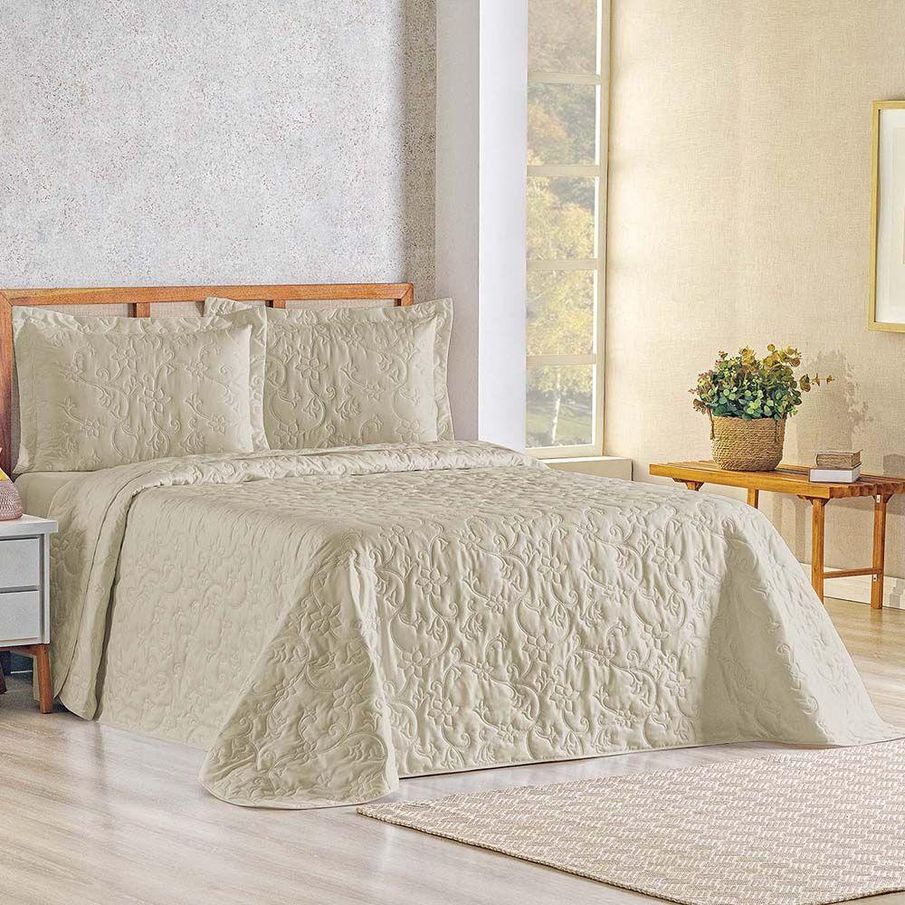 Kit Cobre Leito Colcha Celeste Queen 3 Peças Matelado Floral 180 Fios - Cáqui - 1