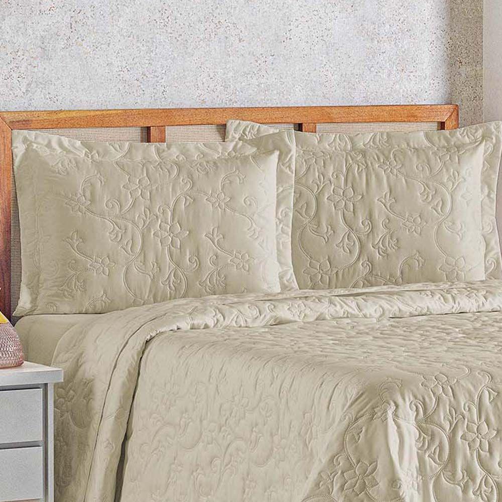 Kit Cobre Leito Colcha Celeste Queen 3 Peças Matelado Floral 180 Fios - Cáqui - 2