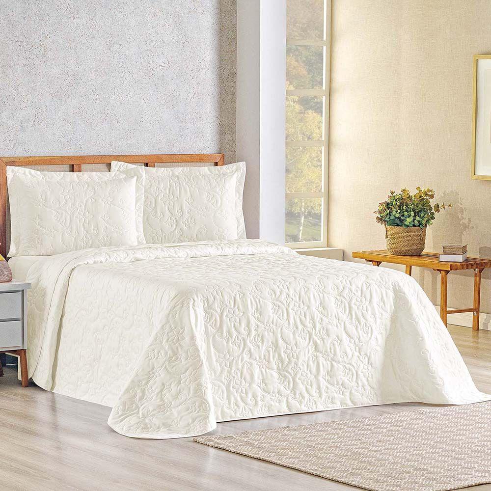 Kit Cobre Leito Colcha Celeste Queen 3 Peças Matelado Floral 180 Fios - Marfim - 1