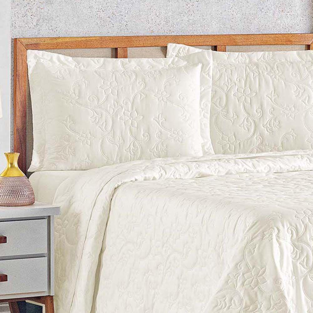 Kit Cobre Leito Colcha Celeste Queen 3 Peças Matelado Floral 180 Fios - Marfim - 2
