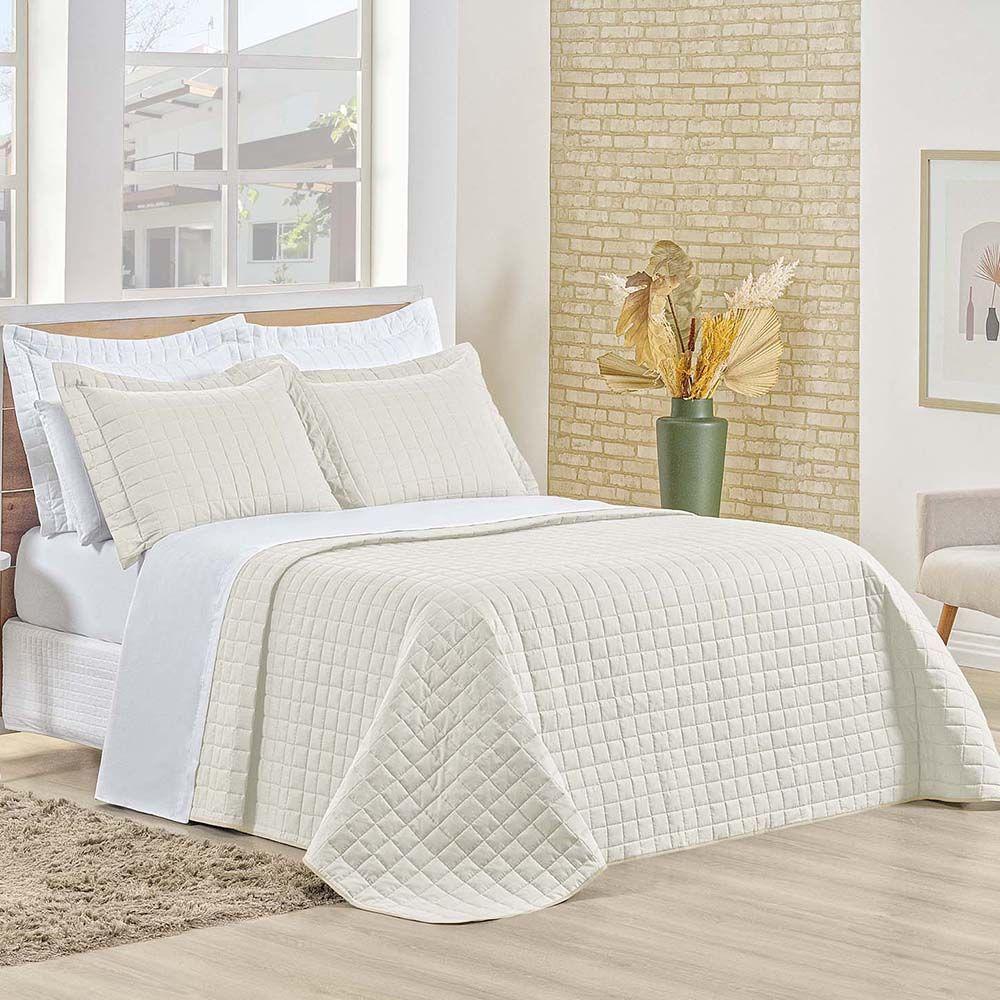 Kit Cobre Leito Colcha Eden Casal 3 Peças Percal 150 Fios 100% Algodão - Marfim - 1