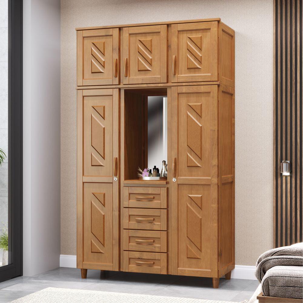 Guarda-roupa Solteiro Santiago 5 Portas De Abrir 4 Gavetas Em Madeira Com Espelho Freijó - Cavazotto - 1
