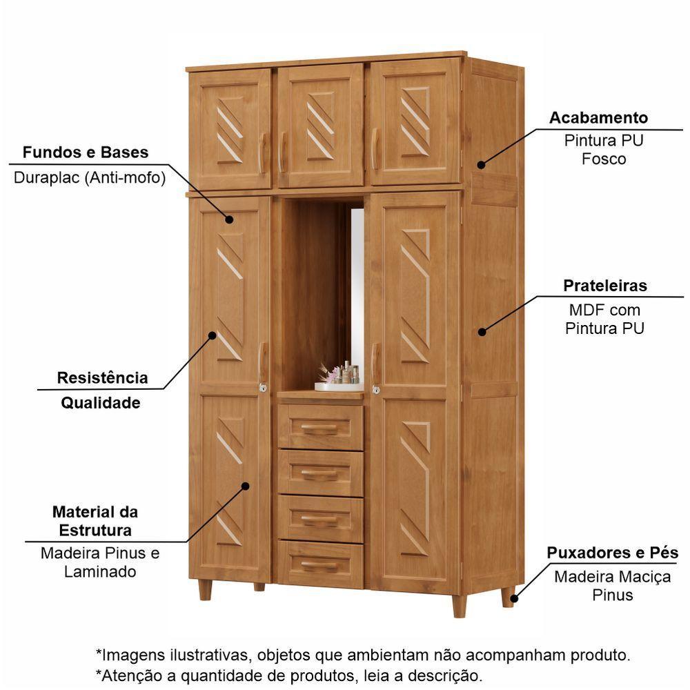 Guarda-roupa Solteiro Santiago 5 Portas De Abrir 4 Gavetas Em Madeira Com Espelho Freijó - Cavazotto - 2