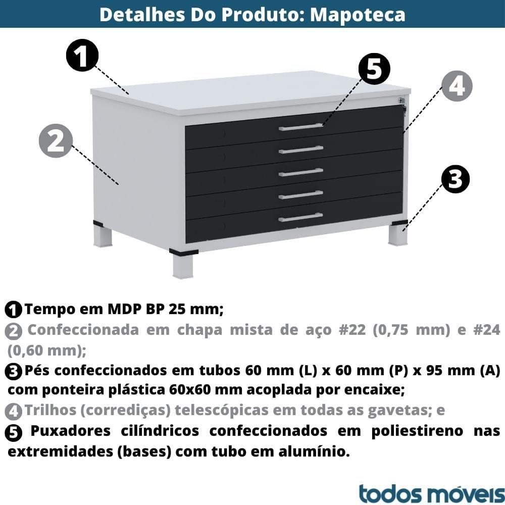 Mapoteca 5 Gavetas Pandin 120 Cm (larg) Inmetro Tampo Mdp Branco Estrutura Aço Cinza Gavetas Cinza - 8