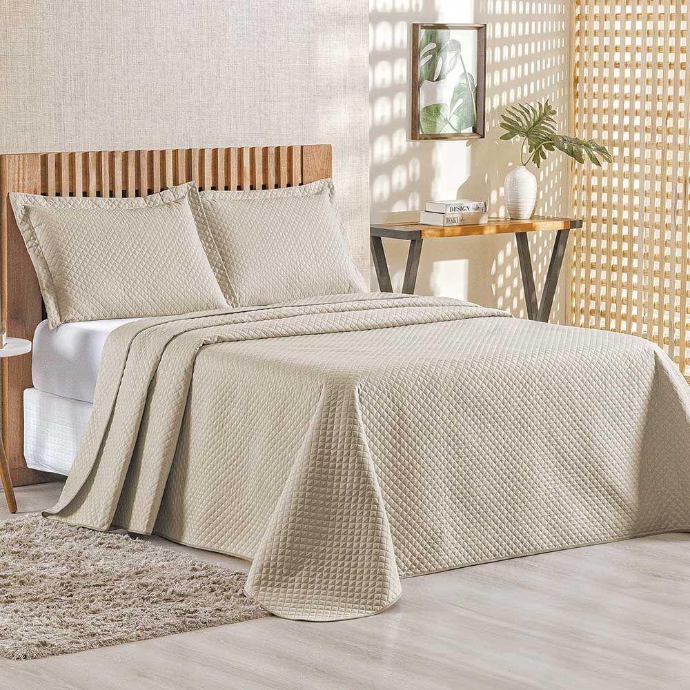 Kit Cobre Leito Colcha Ideale Queen 3 Peças Matelado Geométrico - Cáqui - 100% Poliéster - 1