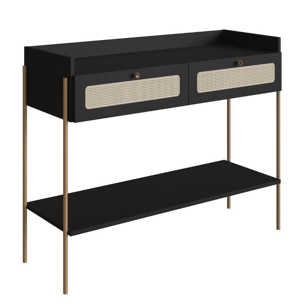 Aparador 2 Gavetas Oslo Artesano 103 Cm (largura) Mdp Nero Palha Sintética Bege Pé Metal Dourado - 1