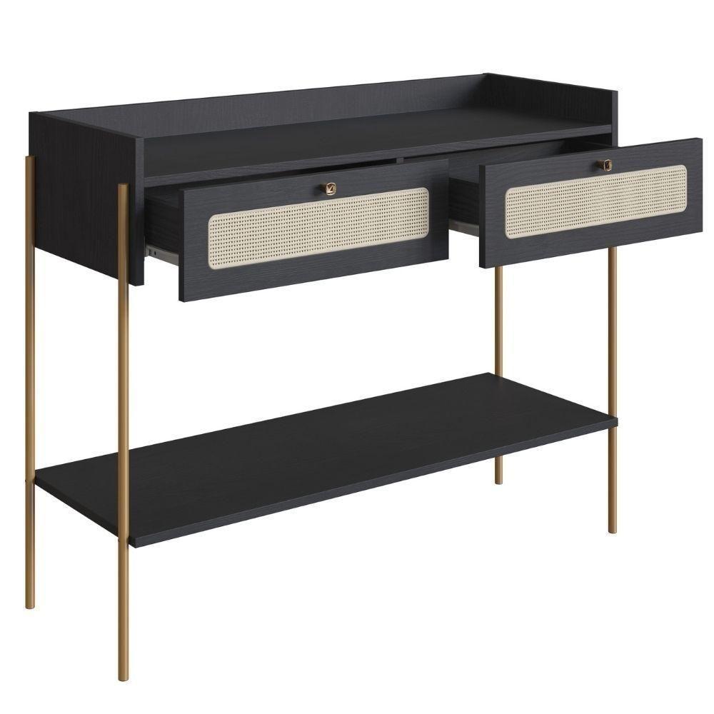 Aparador 2 Gavetas Oslo Artesano 103 Cm (largura) Mdp Nero Palha Sintética Bege Pé Metal Dourado - 2