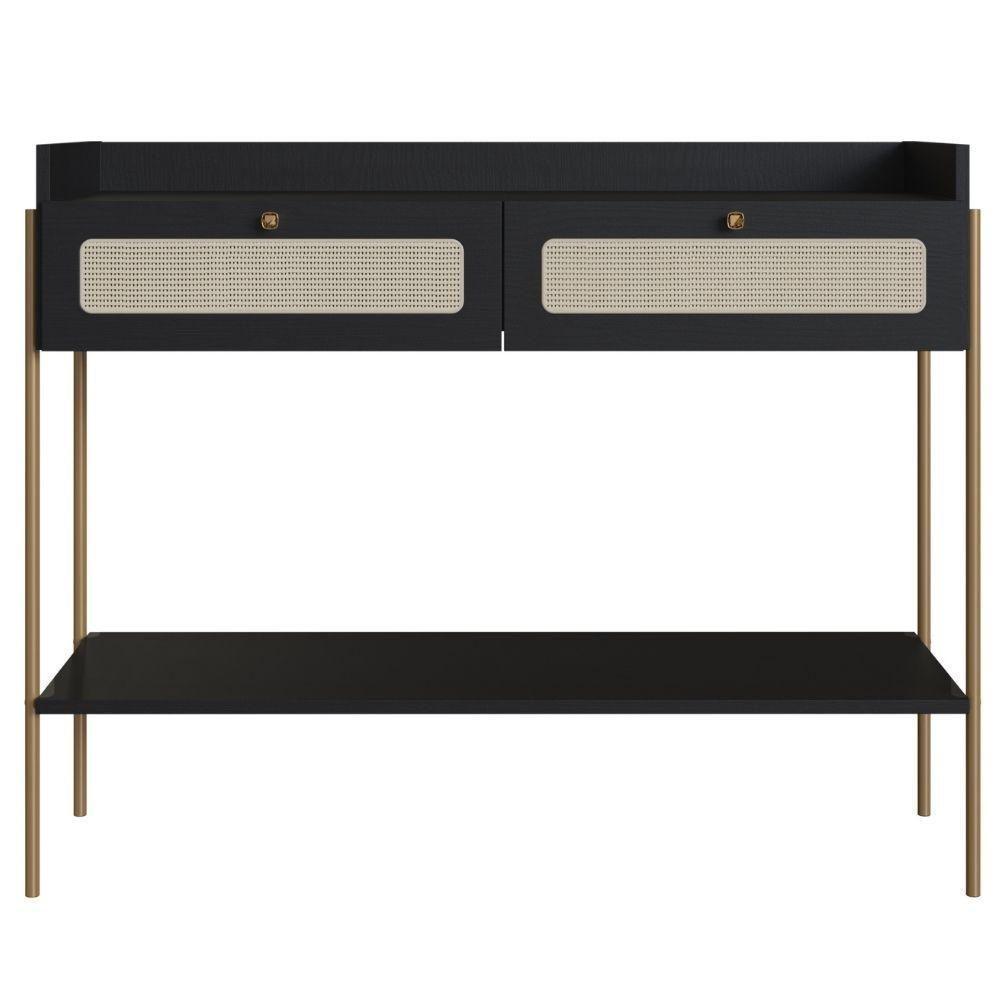 Aparador 2 Gavetas Oslo Artesano 103 Cm (largura) Mdp Nero Palha Sintética Bege Pé Metal Dourado - 3