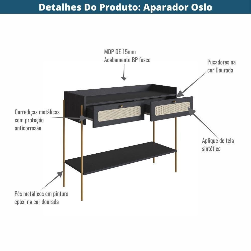 Aparador 2 Gavetas Oslo Artesano 103 Cm (largura) Mdp Nero Palha Sintética Bege Pé Metal Dourado - 5