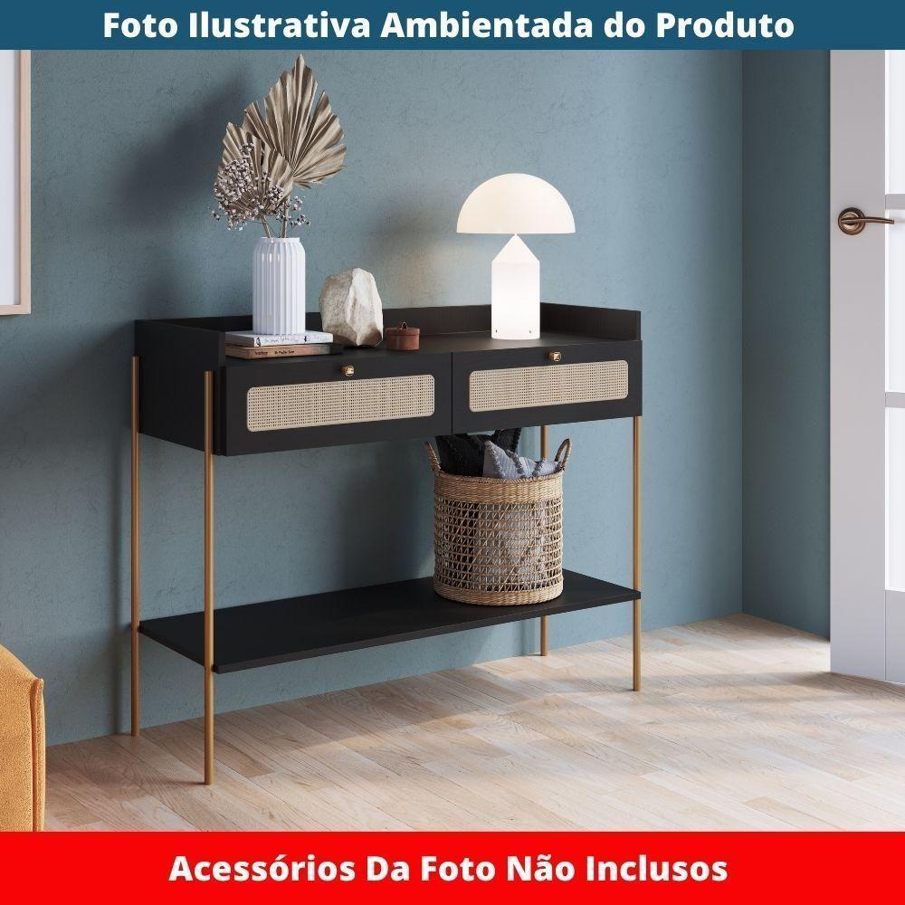 Aparador 2 Gavetas Oslo Artesano 103 Cm (largura) Mdp Nero Palha Sintética Bege Pé Metal Dourado - 6