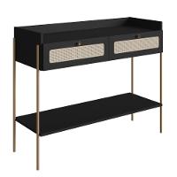 Aparador 2 Gavetas Oslo Artesano 103 Cm (largura) Mdp Nero Palha Sintética Bege Pé Metal Dourado - 1