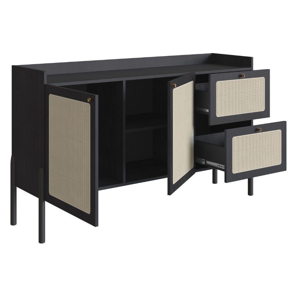 Balcão Buffet 2 Portas Oslo Artesano 139 Cm (largura) Mdp Nero Palha Sintética Bege Pé Madeira - 2