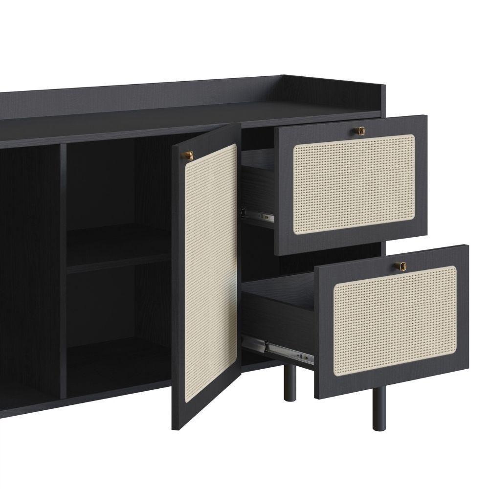 Balcão Buffet 2 Portas Oslo Artesano 139 Cm (largura) Mdp Nero Palha Sintética Bege Pé Madeira - 4