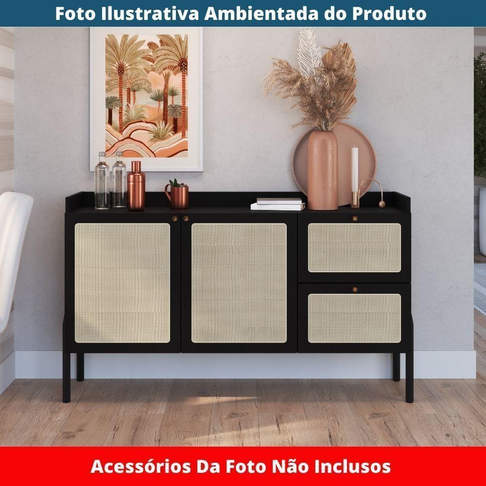 Balcão Buffet 2 Portas Oslo Artesano 139 Cm (largura) Mdp Nero Palha Sintética Bege Pé Madeira - 6