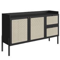 Balcão Buffet 2 Portas Oslo Artesano 139 Cm (largura) Mdp Nero Palha Sintética Bege Pé Madeira - 1