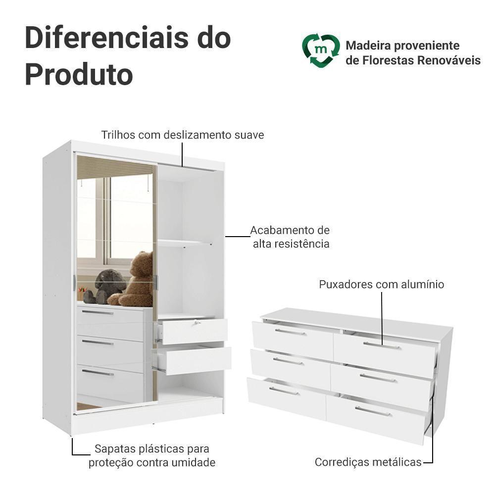 Kit Guarda-roupa Infantil Max 2 Portas De Correr Com Espelho + Cômoda Branco Madesa Branco - 5