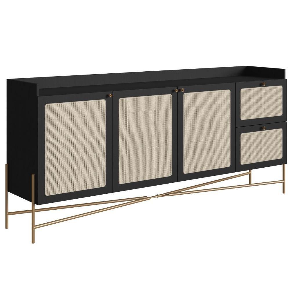 Balcão Buffet 3 Portas Oslo Artesano 183 Cm (largura) Mdp Nero Palha Sintética Bege Pé Metal Dourado - 1