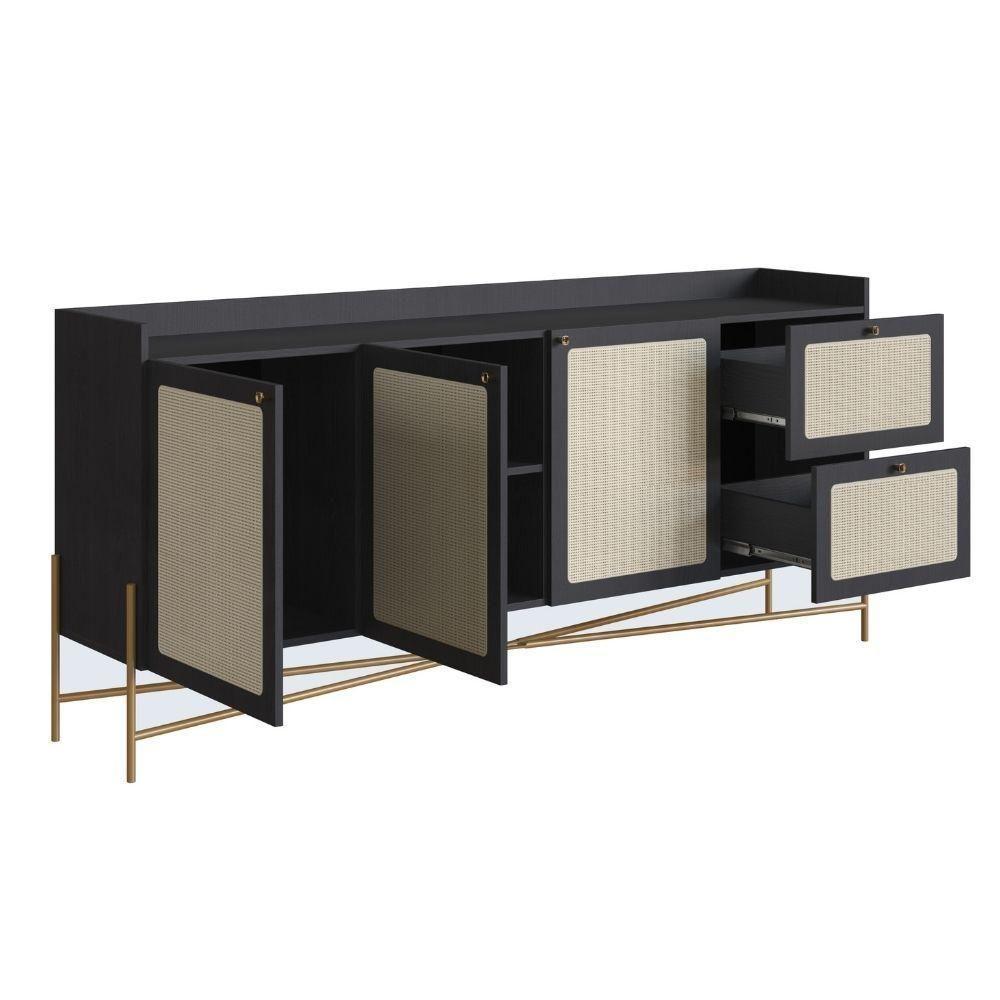 Balcão Buffet 3 Portas Oslo Artesano 183 Cm (largura) Mdp Nero Palha Sintética Bege Pé Metal Dourado - 2