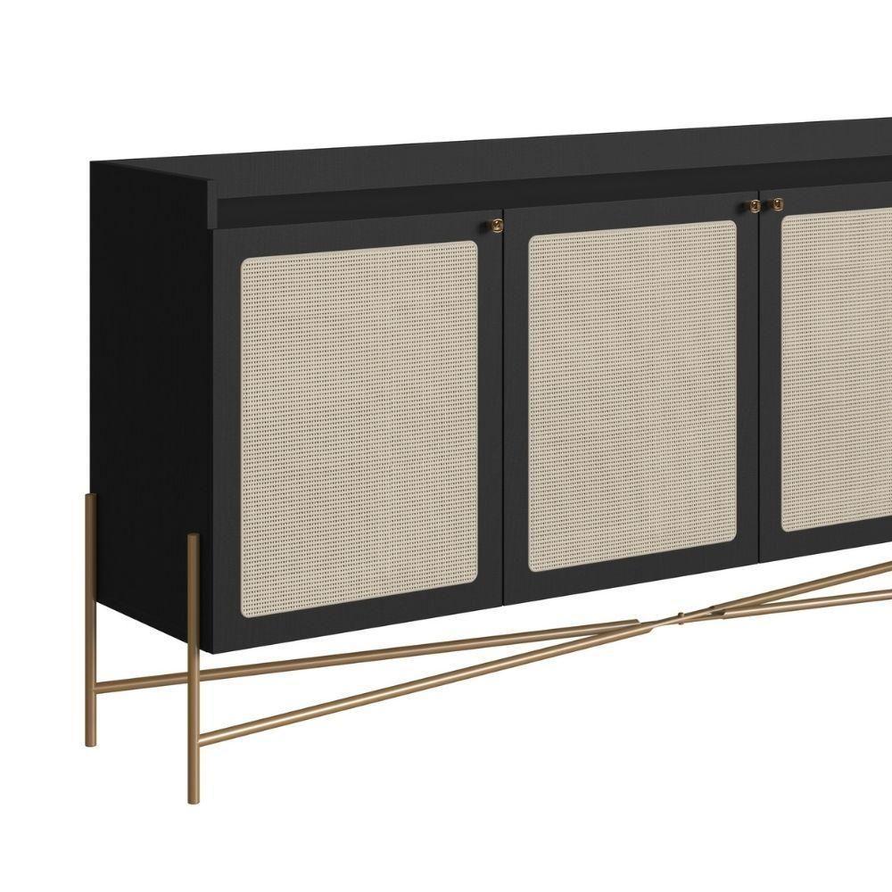 Balcão Buffet 3 Portas Oslo Artesano 183 Cm (largura) Mdp Nero Palha Sintética Bege Pé Metal Dourado - 3