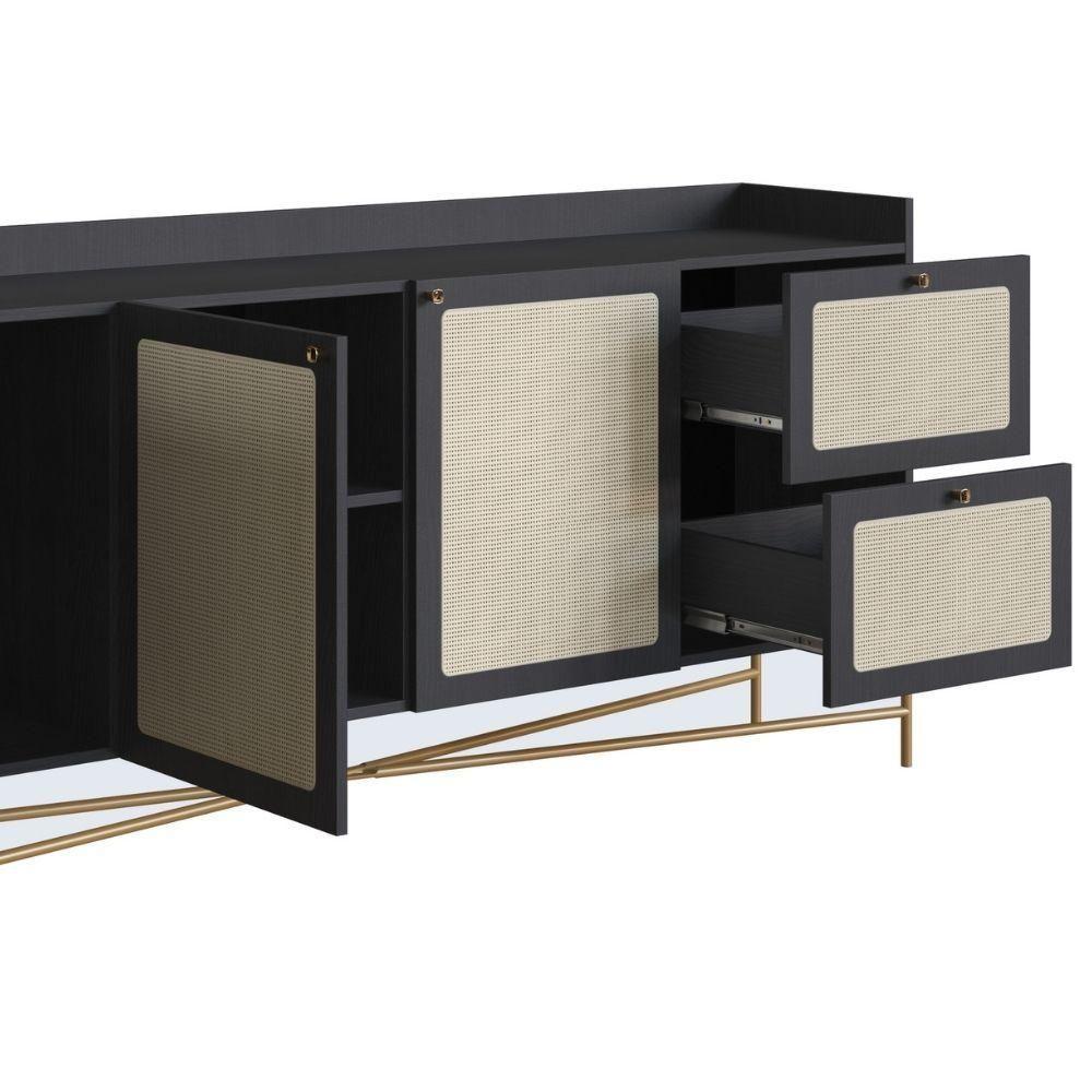 Balcão Buffet 3 Portas Oslo Artesano 183 Cm (largura) Mdp Nero Palha Sintética Bege Pé Metal Dourado - 4