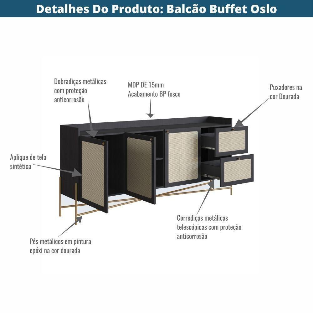Balcão Buffet 3 Portas Oslo Artesano 183 Cm (largura) Mdp Nero Palha Sintética Bege Pé Metal Dourado - 5