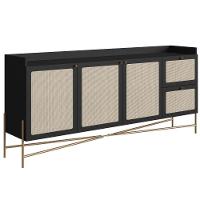 Balcão Buffet 3 Portas Oslo Artesano 183 Cm (largura) Mdp Nero Palha Sintética Bege Pé Metal Dourado - 1