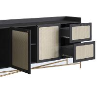 Balcão Buffet 3 Portas Oslo Artesano 183 Cm (largura) Mdp Nero Palha Sintética Bege Pé Metal Dourado